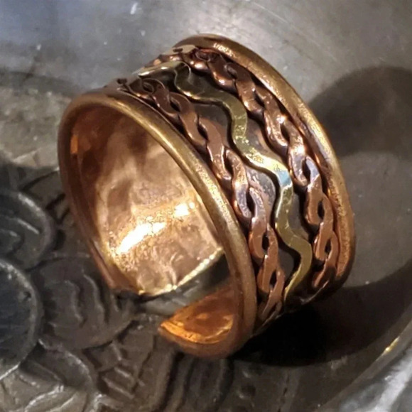 India Solid Brass and Copper Artisan Geometric Design 10mm Wide Adjustable Ring - Picture 1 of 12